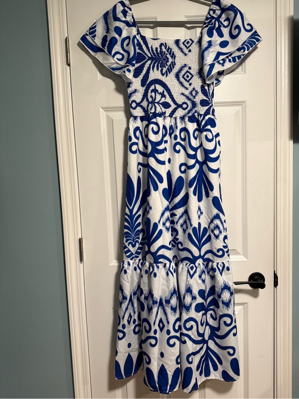 SHEIN Blue and White Smocked Maxi Dress